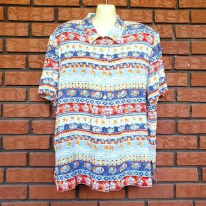 Vintage Rayon Button Up Shirt Womens XL Bechamel 90s Multicolor Fish Beach Ocean